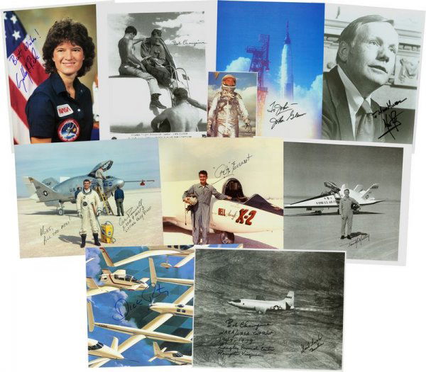 ASTRONAUT SIGNED PHOTOGRAPHS, FDC, SIGNATURE: 464. [ASTRONAUT COLLECTION] Nice assortment of 28 autographs by nine astronauts, test pilots, and other flight pioneers and memorabilia. Included are SPs, ISPs, ANS, TLS FDCs, signatures, two space sh