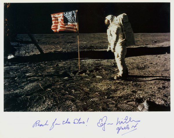 EDGAR MITCHELL SIGNED LUNAR PHOTOGRAPH: 476. EDGAR MITCHELL (b. 1930). Apollo 14 lunar module pilot and sixth Moonwalker, the sixth of only 12 men to walk the lunar surface. SP, color, overall 10"x8" portrait of astronaut Buzz Aldrin standi