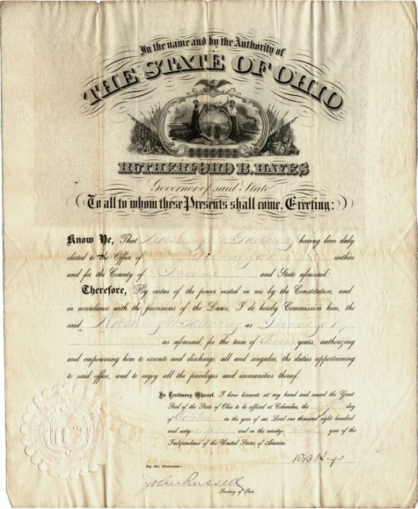 RUTHERFORD B. HAYES SIGNED DOCUMENT: 531. RUTHERFORD B. HAYES Partly printed DS "R. B. Hayes" as governor, 1p, 13¾"x17", Columbus, Oct 29, 1868. Large Ohio State Seal engraved vignette at top margin. Large paper and wax seal affixed. Ap