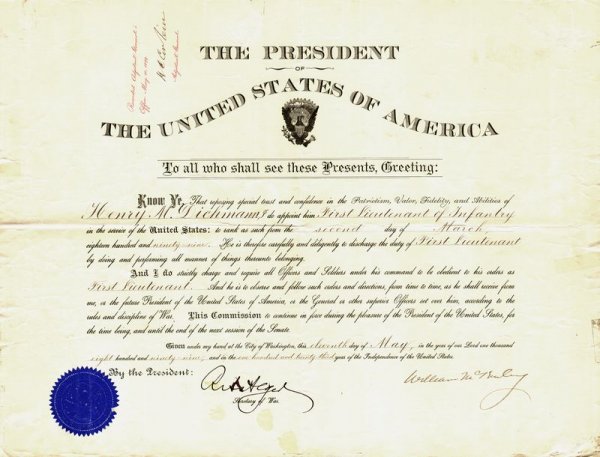 WILLIAM MCKINLEY SIGNED MILITARY DOCUMENT: 555. WILLIAM MCKINLEY (1843-1901). Twenty-fifth President of the United States (1897-1901) shot by anarchist Leon Czolgosz (1873-1901) in Buffalo, New York, while attending the Pan-American Exhibition