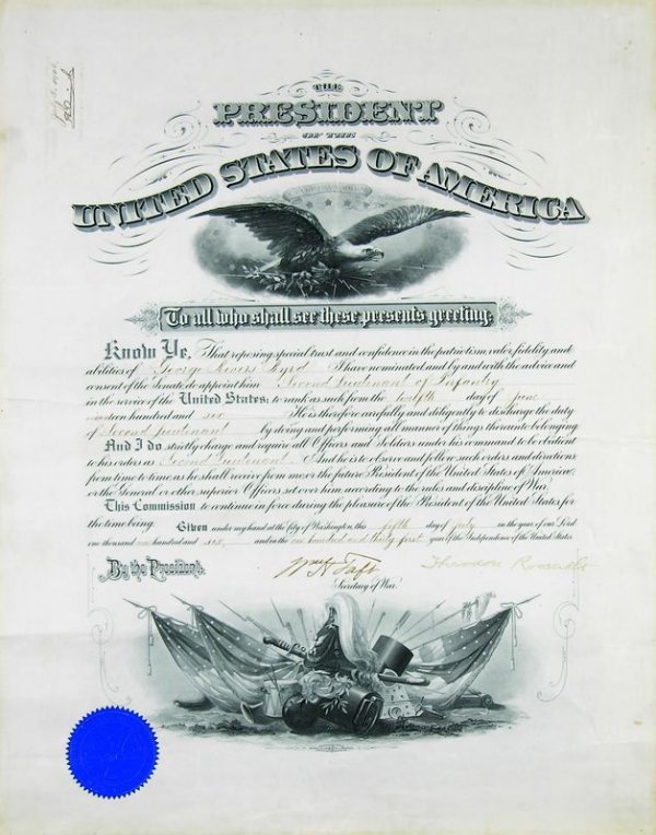 THEODORE ROOSEVELT /WM. H. TAFT SIGNED DOCUMENT: 559. THEODORE ROOSEVELT (1858-1919). Popular, dynamic twenty-sixth President of the United States (1901-09) who became a national hero during the Spanish American War; Nobel Laureate; presided over ac