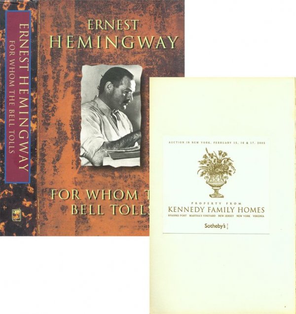 HEMINGWAY BOOK FROM JACKIE KENNEDY ESTATE SALE: 627. [JACQUELINE KENNEDY] (1929-1994). Popular First Lady and wife of John F. Kennedy. Book belonging to her obtained from Sotheby's Feb 2005 estate sale. A fine soft cover edition of For Whom The Bel