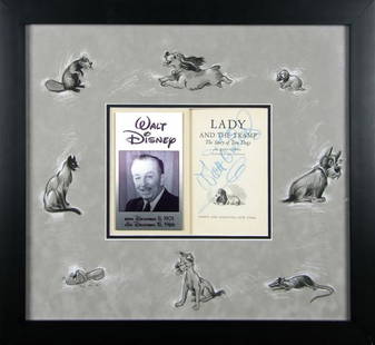 WALT DISNEY SIGNED LADY & THE TRAMP BOOK DISPLAY: 733. WALT DISNEY Signed book, Lady And The Tramp: "The Story of Two Dogs" by Ward Greene, Simon and Schuster, NY. First Edition. Boldly signed in blue crayon across title page, 4¾"x7¾". Exquisitely