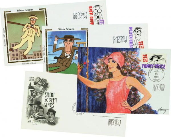 AL HIRSCHFELD SIGNED 4 FIRST DAY COVERS: 740. AL HIRSCHFELD (1903-2003). Famed theatrical caricature artist. Collection of four signed FDCs. Three are postmarked in San Francisco, Apr 27, 1994, two with color Colorano silk cachets honoring s