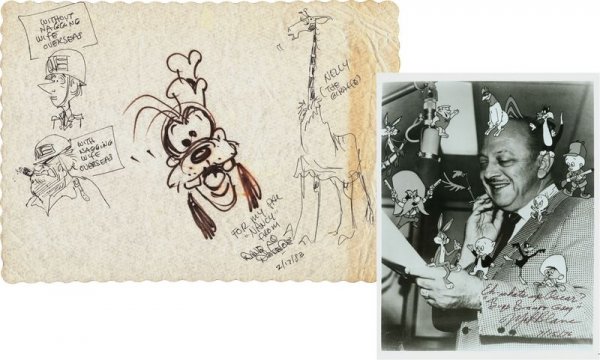 WARNER BROS. CARTOON ARTISTS: 746. [WARNER BROS. CARTOONS] Two artists who brought many cartoons to life. ISP, b/w, 8"x10" half-length portrait of voice artist MEL BLANC (1908-1989) and several of his well-known characters. Boldly