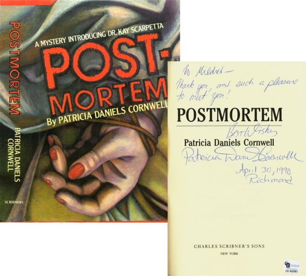 PATRICIA CORNWELL SIGNED FIRST PRINTING BOOK: 787. PATRICIA CORNWELL (b. 1957). Award winning best selling mystery novelist whose work includes the popular Scarpetta series Post-mortem (1990) and Body of Evidence (1991), etc. Her first book Post-
