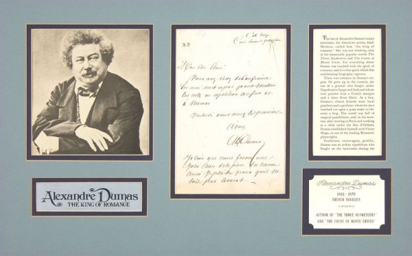 ALEXANDRE DUMAS, PÈRE HANDWRITTEN SIGNED LETTER: 789. ALEXANDRE DUMAS, PÈRE (1802-1870). French novelist and playwright of the romantic period best remembered for his historical novels The Three Musketeers and The Count of Monte-Cristo (1844). ALS 
