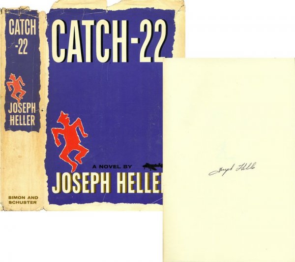 JOSEPH HELLER SIGNED CATCH-22 BOOK: 802. JOSEPH HELLER (1923-1999). American satirical novelist and playwright, the author of the classic Catch-22 (1961), the title becoming a part of the modern lexicon for an absurdity of choice. His b