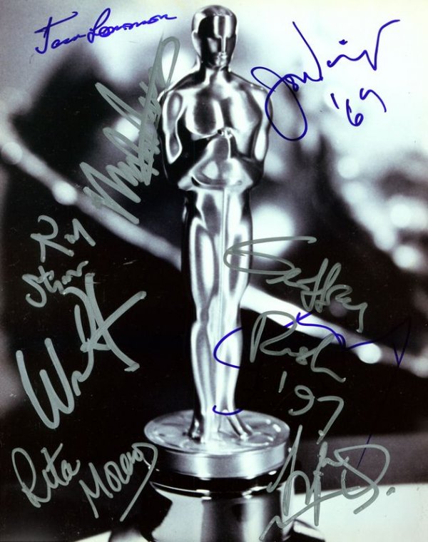 9 ACADEMY AWARD WINNERS SIGNED PHOTOGRAPH: 886. [ACADEMY AWARD RECIPIENTS] Collection of nine winners. SP, b/w, 8"x10" close-up image of the "Oscar" statue. Signed in blue or silver felt tip by JACK LEMMON; ROD STEIGER