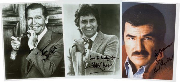 3 HOLLYWOOD ACTORS & COMEDIANS SIGNED PHOTOS: 888. [ACTORS & COMEDIANS] Three Hollywood notables. ISPs with sentiments, b/w & color, 8"x10" portraits. Darkly inscribed and signed by vaudeville and television comedian MILTON BERLE (1908-2002); Bri