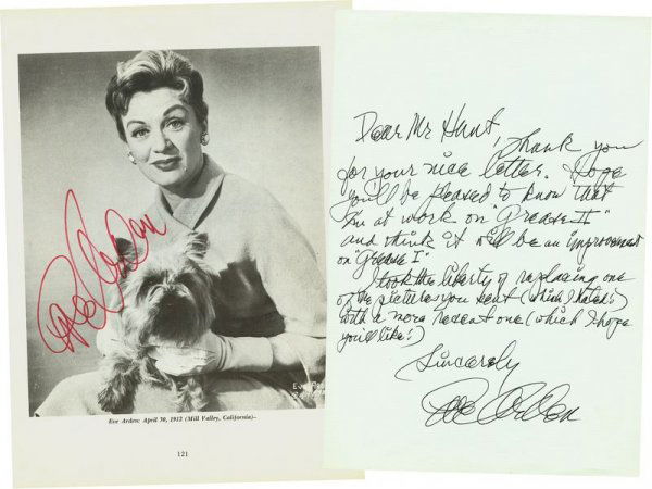 EVE ARDEN HANDWRITTEN LETTER & SIGNED PHOTO: 891. EVE ARDEN (1912-1990). Talented supporting actress in Mildred Pierce and television's Our Miss Brooks; originally a Ziegfeld girl. Her career spanned 60 year in radio, film and stage. ALS, 1p, 7�