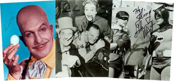 BATMAN TV CAST MEMBERS SIGNED PHOTOS: 897. [BATMAN] Original television series (1966-68) based on popular comic strip character that spawned several movies. Collection of three SPs signed by five stars and character actors who appeared in