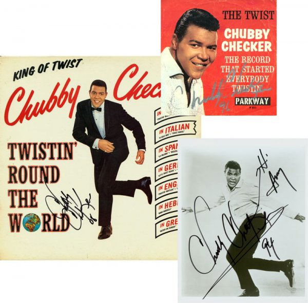 CHUBBY CHECKER SIGNED ALBUM/ RECORD SLEEVE/ PHOTO: 917. CHUBBY CHECKER (b.1941). Rock 'n' Roll singer/songwriter of the 1960s who originated the dance called the Twist. Very nice collection comprising vintage '60s Cameo-Parkway release of his album Tw