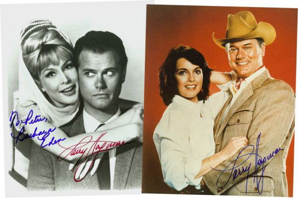 LARRY HAGMAN & BARBARA EDEN SIGNED PHOTOGRAPHS: 957. LARRY HAGMAN & BARBARA EDEN Two stars of popular television sitcom I Dream of Jeannie (1965-70). Hagman went on to star in hugely successful prime-time TV soap opera Dallas (1978-91). SPs, b/w &