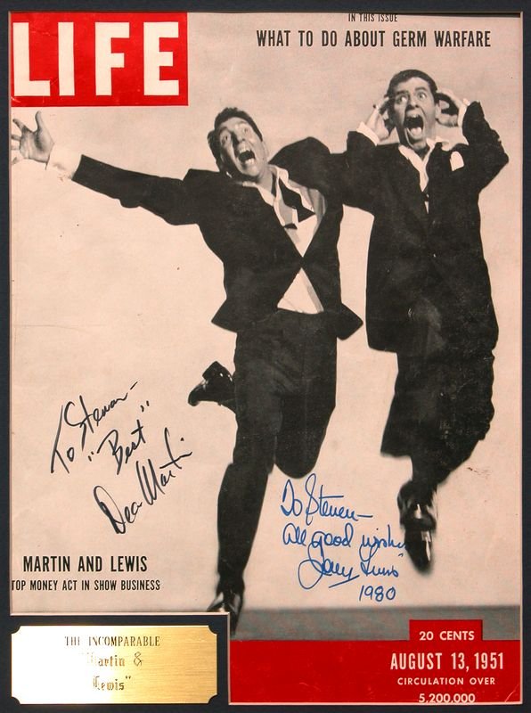 DEAN MARTIN & JERRY LEWIS SIGNED 1951 LIFE COVER: 991. MARTIN & LEWIS Comedy team popular in the '50s, DEAN MARTIN (1917-1996) and JERRY LEWIS (b. 1926) each went on to separate film and night club careers. Great cover