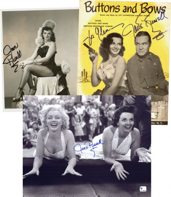 JANE RUSSELL SIGNED PHOTOS & VINTAGE SHEET MUSIC: 1030. JANE RUSSELL (b. 1921). Voluptuous American leading lady who came to Hollywood when an agent sent her photo to producer Howard Hughes. Starring her in The Outlaw (1943), his publicity campaign l