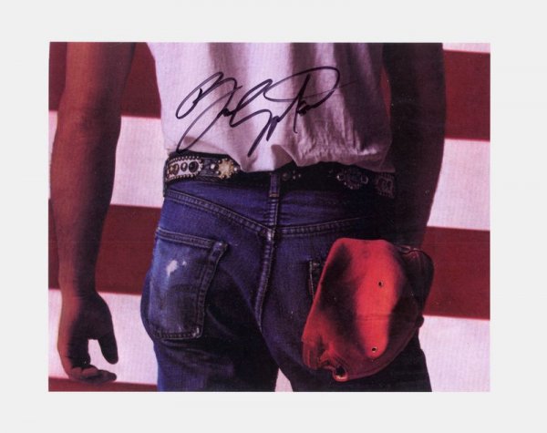 BRUCE SPRINGSTEEN SIGNED "BORN IN THE USA" PHOTO: 1041. BRUCE SPRINGSTEEN (b. 1949). Multiple Grammy winning singer/songwriter sometimes recording and touring with the E Street Band. He won an Academy Award for his Streets of Philadelphia (1995). SP,