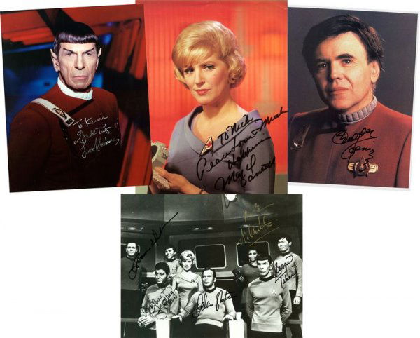 STAR TREK CAST SIGNED PORTRAITS: 1042. [STAR TREK] Television series (1966-69) that generated a cult following and several movies and TV spin-offs. SP, b/w, 10"x8" cast portrait on the flight deck of the USS Enterprise. Signed by fiv