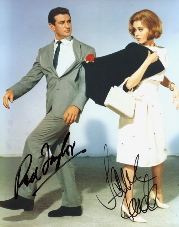 ROD TAYLOR & JANE FONDA SIGNED FILM PHOTOGRAPH: 1049. [SUNDAY IN NEW YORK] Golden Globe nominated 1963 comedy-romance film starring ROD TAYLOR and JANE FONDA. SP, color, 8"x10" full-length promotional portrait. Each h