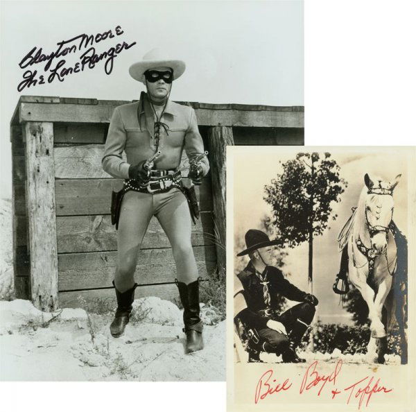WILLIAM BOYD / CLAYTON MOORE SIGNED PHOTOGRAPHS: 1052. [TELEVISION WESTERN HEROES] Two film actors who became noted "Saturday Western" television favorites. SPs, b/w, 8"x10" film still of CLAYTON MOORE (1908-1999) as "The Lone Ranger"; and a 5"x8"