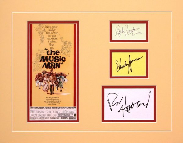 3 "THE MUSIC MAN" STARS SIGNED CARD DISPLAY: 1061. [THE MUSIC MAN] Academy Award winning 1962 film musical adapted from 1957 Broadway musical. Among the principal stars were ROBERT PRESTON (1918-1987); SHIRLEY JONES