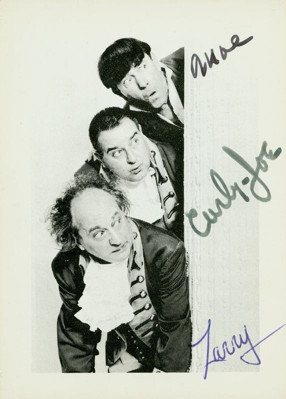THREE STOOGES SIGNED PHOTOGRAPH: 1064. [THE THREE STOOGES] Promotional SP, b/w, 2½"x3½" comedic portrait. Darkly signed as "Moe"; "Curly-Joe"; and "Larry." JOE DERITA (1909-1993) as "Curly-Joe" was the last to join the