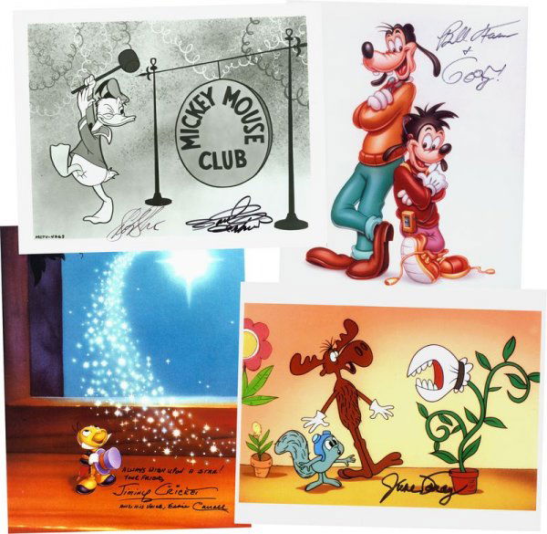 5 TV & FILM CARTOON VOICE ACTORS: 1076. [VOICE ACTORS] Nice collection of five television and film animated character images. Included are: Rocky and Bullwinkle signed by JUNE FORAY; Disney characters Goofy signed by B