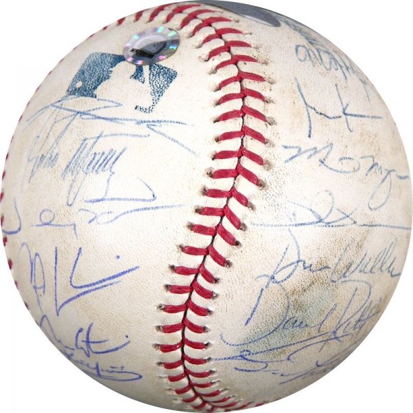 2004 BOSTON RED SOX TEAM SIGNED USED ALCS BALL: 1087. [2004 BOSTON RED SOX] Official game used Rawlings American League baseball from Game 2 of the 2004 ALCS against the New York Yankees, signed in ballpoint by 27 team members. Among them: THEO EPS