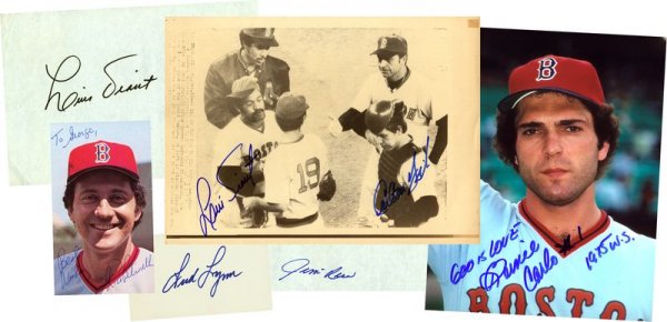 SIX 1975 BOSTON RED SOX MEMBERS SIGNED COLLECTION: 1088. [1975 BOSTON RED SOX] Ranked as one of the greatest World Series in baseball history. The Red Sox defeated the Cincinnati Reds in Game 4 though ultimately the series was won by Cincinnati in fou