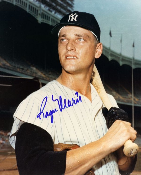 ROGER MARIS SIGNED COLOR PHOTOGRAPH: 1102. ROGER MARIS (1934-1985). New York Yankee outfielder whose record 61 home runs in a single season (1961) was shattered by Mark McGwire's 70 (1998). SP, color, 8"x10" half-length portrait in Yanke