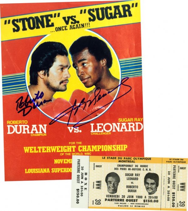 ROBERTO DURAN & SUGAR RAY LEONARD SIGNED PHOTO: 1123. [CHAMPION FIGHTERS] Two champions who challenged each other in three separate bouts, each having multiple category championship titles: ROBERTO DURAN (b. 1951); and SUGAR RAY LEO