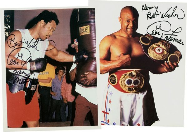 GEORGE FOREMAN SIGNED 2 BOXING PHOTOGRAPHS: 1124. GEORGE FOREMAN (b. 1949). American boxer who twice was the world heavyweight champion (1973-74 and 1994-95). When Foreman regained the heavyweight title at the age of 45, he became the oldest wo