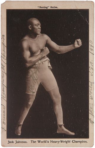 JACK JOHNSON: 1054. JACK JOHNSON (1878-1946). Heavyweight boxing champion, defeating Tommy Burns in a disputed world heavyweight title fight in Australia (1908) and former champion Jim Jeffries in 1910 by a knockou