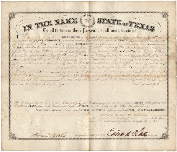 GOVERNOR OF TEXAS EDWARD CLARK SIGNED DOCUMENT: TEXAS LAND GRANT BY GOV EDWARD CLARK COL 14TH TX152. EDWARD CLARK (1815-1880). Delegate to Texas Constitutional Convention (1845); Mexican War veteran; Confederate governor of Texas who assumed office
