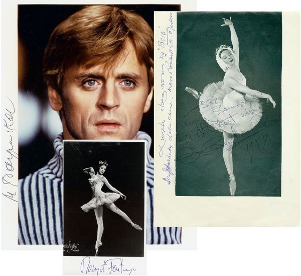 BALLET SIGNED PHOTOS BARYSHNIKOV FONTEYN MARKOVA: 615. [BALLET COLLECTION] Three important dancers. SP, color, 8"x10" bust portrait of MIKHAIL BARYSHNIKOV (b. 1948), director of American Ballet Theatre (1980-89); SP, b/w, 3½"x5½" full-length portra