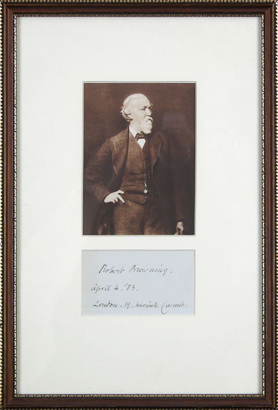 ROBERT BROWNING SIGNED SIGNATURE W/ PIC: 630. ROBERT BROWNING (1812-1889). Major Victorian poet famous for the development of the dramatic monologue of which his psychological study The Ring and the Book (4 vol., 1868-69) is considered a mas