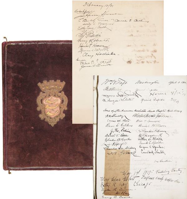 EARLY 20TH CENTURY SIGNED LEDGER VANDENBERG OLDS: 686. VINTAGE PITTSBURGH HOTEL LEDGER Ornate early 20th century purple velvet covered ledger displays a large stitched pink and gold coat of arms mounted to front cover. The thick unlined ledger, 9½"x