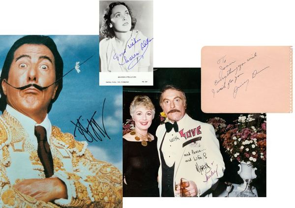 SIGNED PHOTO DUSTIN HOFFMAN MAUREEN O'SULLIVAN +: 762. [HOLLYWOOD DRAMA] Four actors and actresses known for their dramatic roles. SPs include two Academy Award winners: an unusual color, 8"x11¼" close-up of DUSTIN HOFFMAN (b. 1937) in costume as a