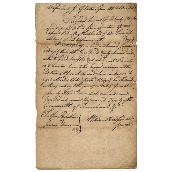 WILLIAM BRADFORD: (1755-1795). Philadelphia born lawyer and jurist; Revolutionary War lieutenant colonel (1776-79) who was at Valley Forge and White Plains; US supreme court justice (1791-1794); US attorney general (17