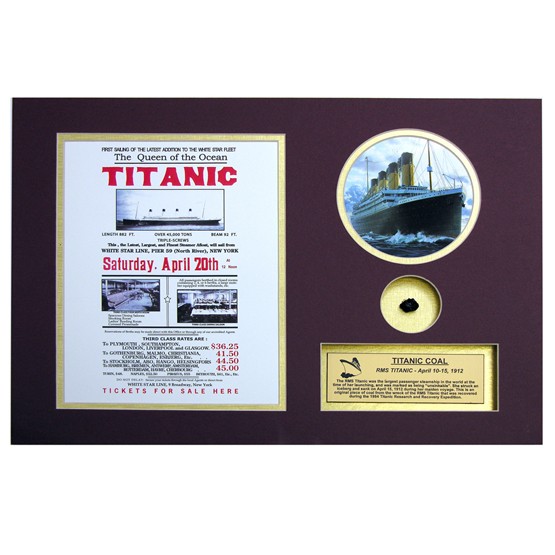 [RMS TITANIC]: Ill-fated White Star liner which sank in the North Atlantic on Apr 15, 1912 with tremendous loss of life. Original piece of coal, ¾"x½", recovered during the 1994 Titanic Research and Recovery Exped