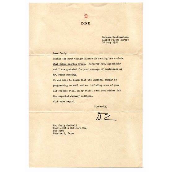 DWIGHT D. EISENHOWER: (1890-1969). Thirty-fourth President of the United States (1953-61); Supreme Commander of Allied Forces in Europe during World War II largely responsible for successful D-Day invasion. TLS "D E" as su