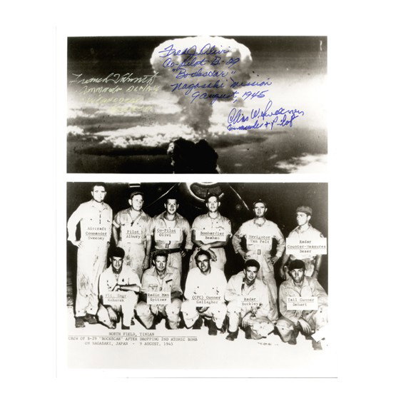 [BOCKSCAR]: Famed World War II B-29 bomber which dropped the second nuclear bomb "Fat Man" on Nagasaki, Japan on Aug 9, 1945. SP, b/w, 8"x10" composite of the atomic cloud rising from the target area, and the cre