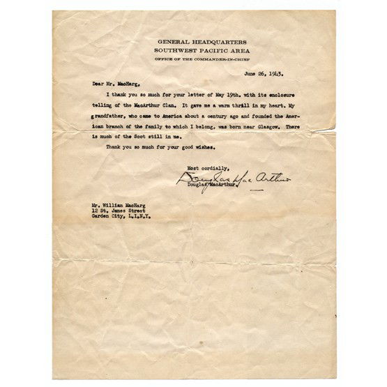 DOUGLAS MACARTHUR: (1880-1964). American general and Allied Supreme Commander in the Pacific in World War II; Supreme Commander of UN forces in Korea fired by President Truman for insubordination. War dated TLS on Gener