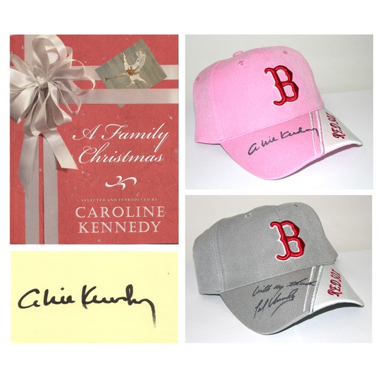 [KENNEDY FAMILY]: Two members of the prominent Massachusetts political family. President Kennedy's daughter CAROLINE KENNEDY has signed a pink and white designer Boston Red Sox cap across brim; plus a First Printing of