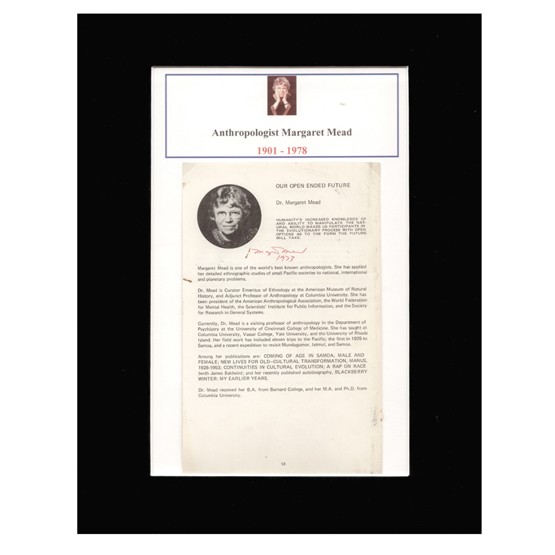MARGARET MEAD: (1901-1978). Noted anthropologist and author noted for her landmark studies of adolescence and sexual behavior in primitive cultures. Imprinted booklet page, 5¼"x8¼", providing a brief biography wit