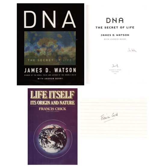 JAMES D. WATSON & FRANCIS CRICK: With Maurice Wilkins, they were awarded the Nobel Prize for Physiology or Medicine (1962). Signed book, DNA: "The Secret of Life" by Watson with Andrew Berry, 446pp, 7¾"9½", Alfred A. Knopf, New Yor