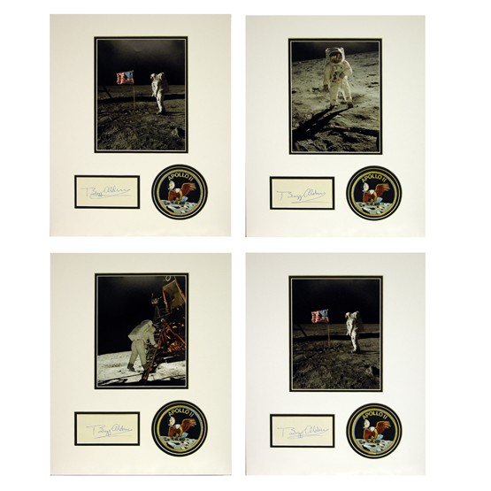 EDWIN "BUZZ" ALDRIN: (b. 1930). Astronaut, space-walker and as member of Apollo 11 lunar mission he became the second man to set foot on the Moon in 1969. Superb collection of four signed white cards, each approx 5¼"x2½