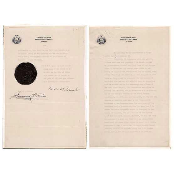 FRANKLIN D. ROOSEVELT: DS "Franklin D. Roosevelt", 2pp., Albany, Aug. 2, 1929. On Governor of New York letterhead he orders the appointment of "...An Extraordinary Special and Trial Terms of the Supreme Court to be held at