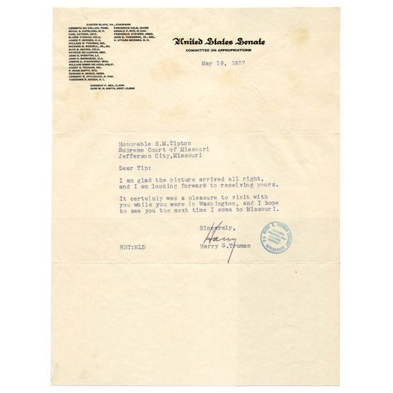 HARRY S. TRUMAN: TLS "Harry" as senator, 1p, 8"x10½", Washington, DC, May 19, 1937. On US Senate letterhead to Judge E. M. Tipton on the Missouri Supreme Court regarding the exchange of photographs. He concludes, "..
