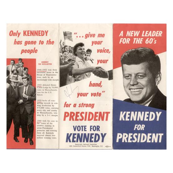 JOHN F. KENNEDY: Signed 1960 six-panel foldout campaign pamphlet featuring his portrait on cover, 3¾"x8¾". Red, white and blue cover titled "A New Leader For The 60's" promoting "Kennedy For President." Heavily illu